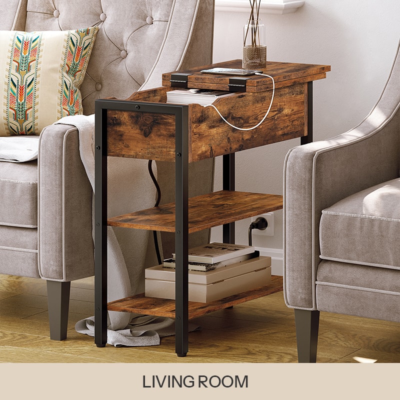 Rustic brown narrow side table with charging station and flip top placed between two living room armchairs.