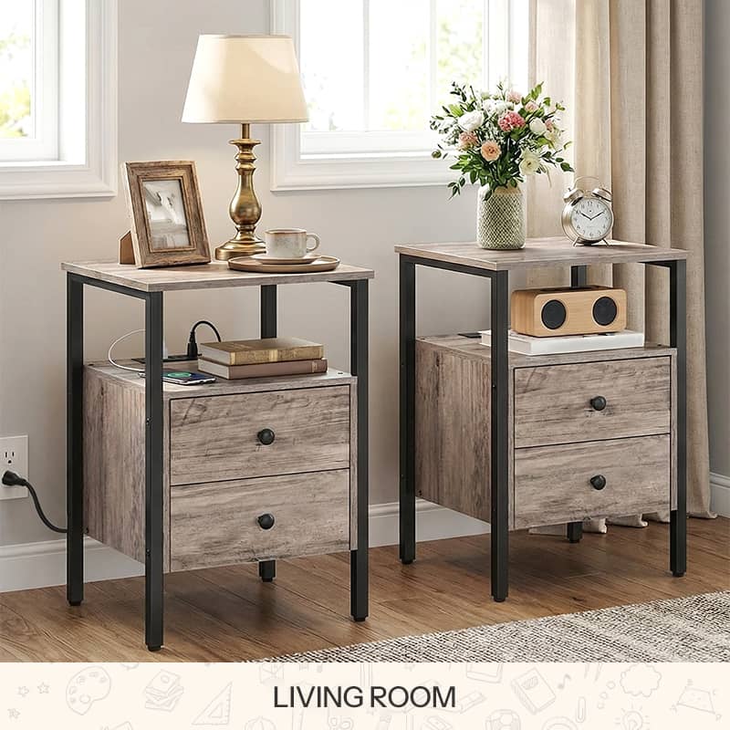 Rustic brown narrow side table with charging station and flip top placed between two living room armchairs.