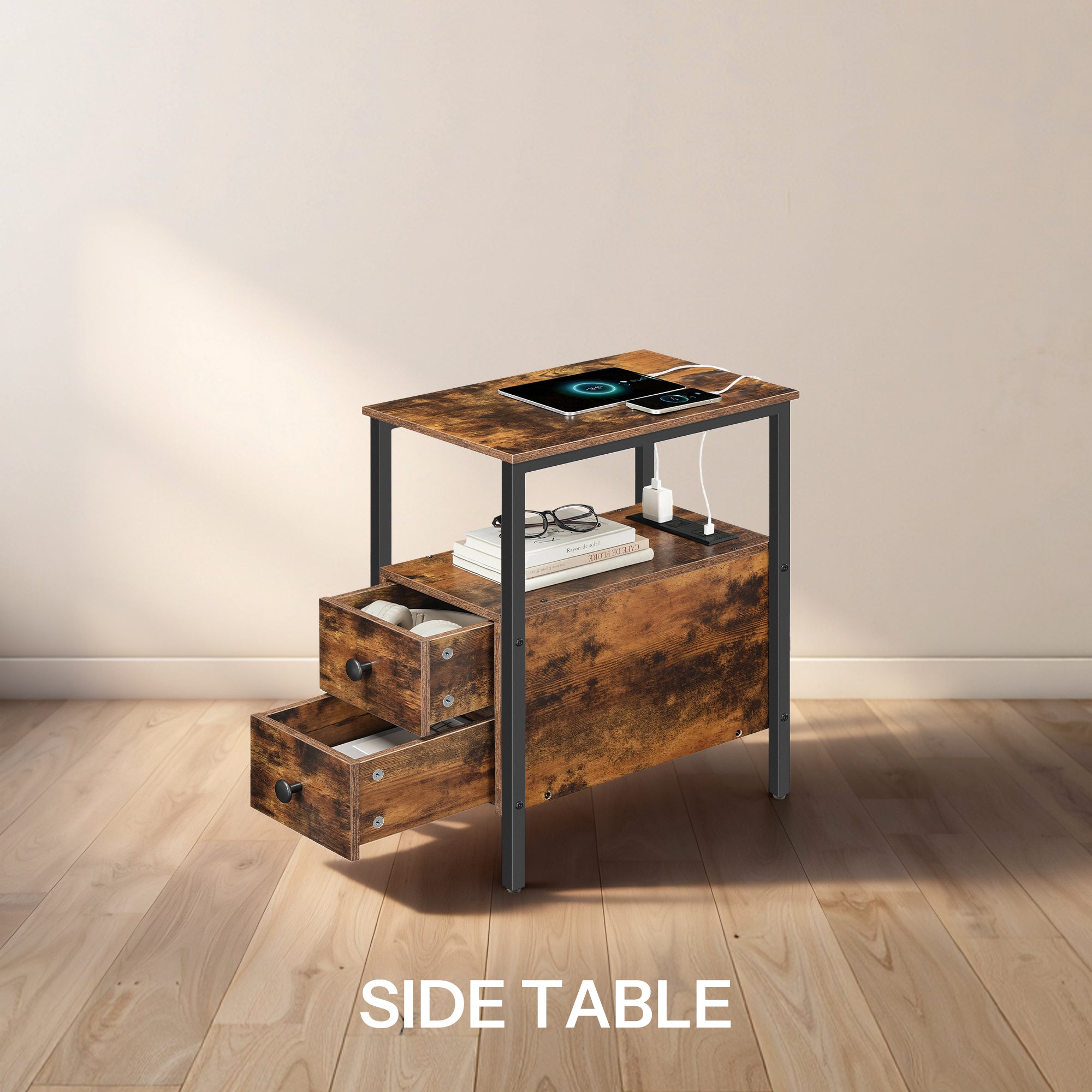 HOOBRO industrial side table with built-in charging station and USB ports next to a sofa