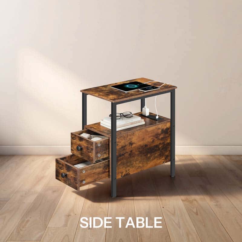 HOOBRO industrial side table with built-in charging station and USB ports next to a sofa