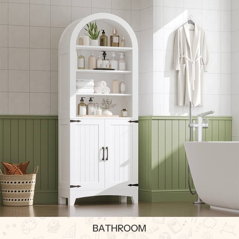 Set of 2 wall-mounted tempered glass bathroom shelves with chrome railings and a towel bar holding toiletries.