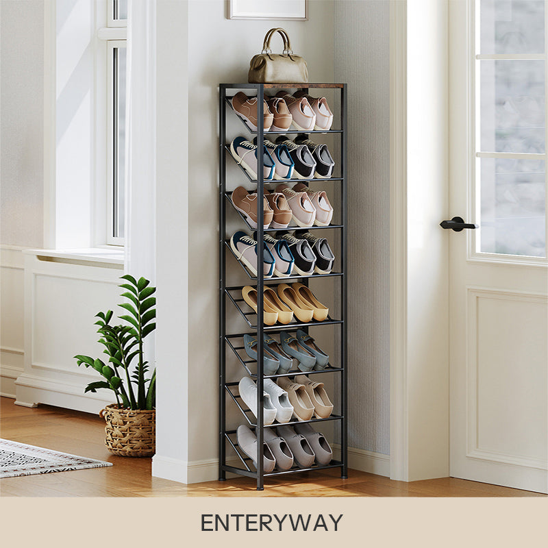 Tall 8-tier narrow shoe rack with rustic brown wood top and black metal slanted mesh shelves in an entryway setup.
