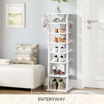 Tall 8-tier narrow shoe rack with rustic brown wood top and black metal slanted mesh shelves in an entryway setup.