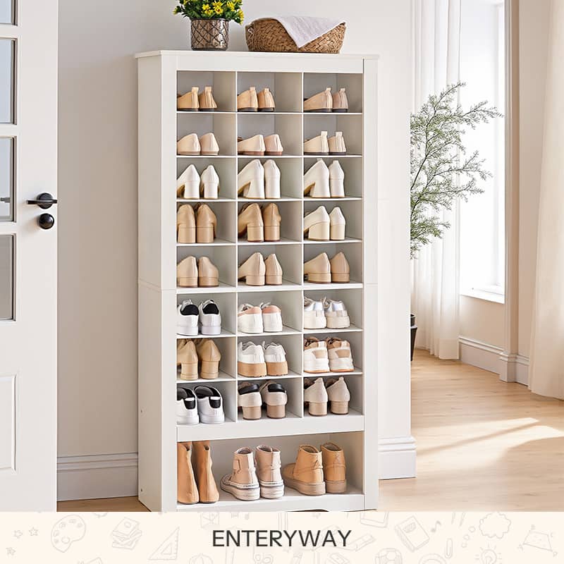 Tall 8-tier narrow shoe rack with rustic brown wood top and black metal slanted mesh shelves in an entryway setup.