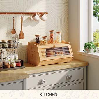Bamboo corner bread box with ribbed glass doors holding bread on a kitchen countertop next to a toaster.