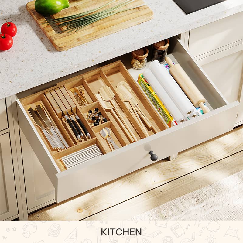 Bamboo corner bread box with ribbed glass doors holding bread on a kitchen countertop next to a toaster.