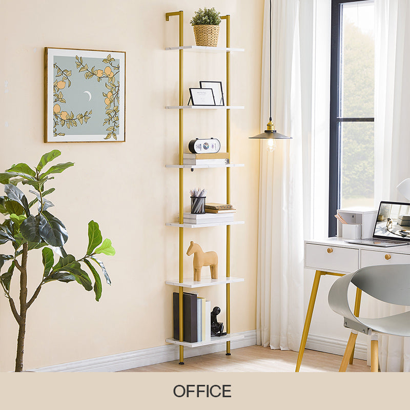 Tall 6-tier ladder bookshelf with gold metal frame and white marble shelves styled in a modern home office.
