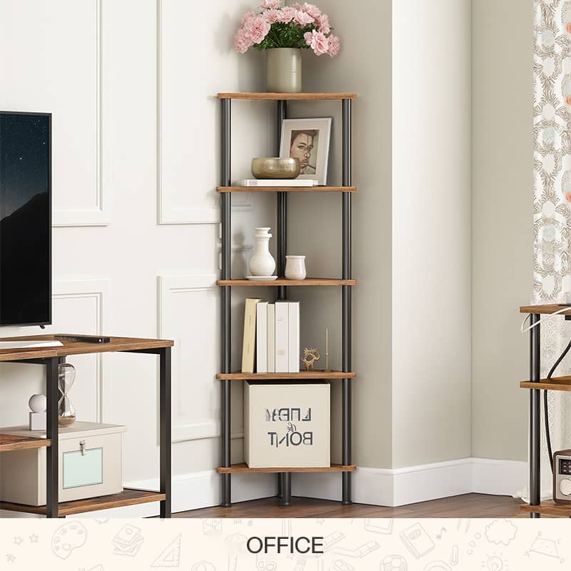 Tall 6-tier ladder bookshelf with gold metal frame and white marble shelves styled in a modern home office.