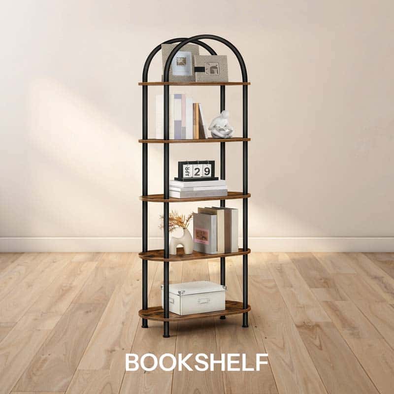 HOOBRO industrial style 5-tier ladder bookshelf with rustic brown wood shelves and black metal frame