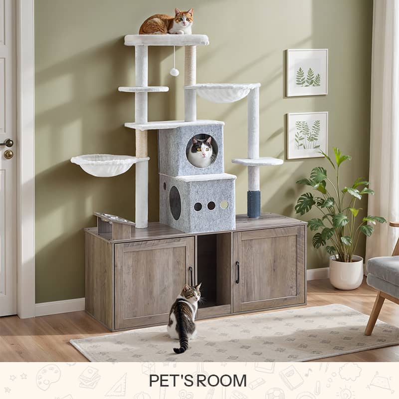 Woven rattan cat house cave topped with an artificial green palm plant, with a white cat looking out inside a living room.