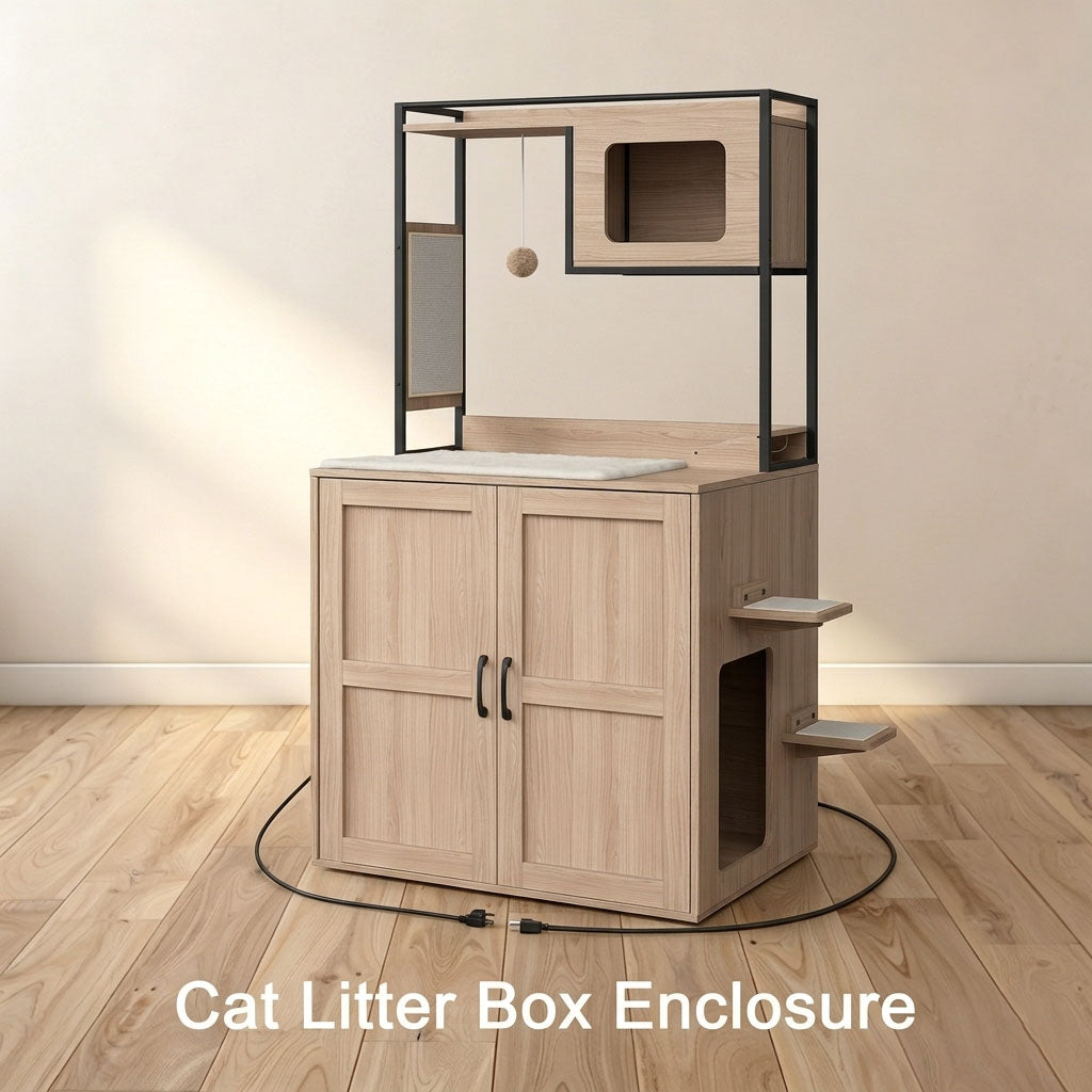 Collection banner of HOOBRO wooden cat litter box enclosures in white, brown, and natural styles, showing hidden cat furniture with storage shelves in a modern living room.
