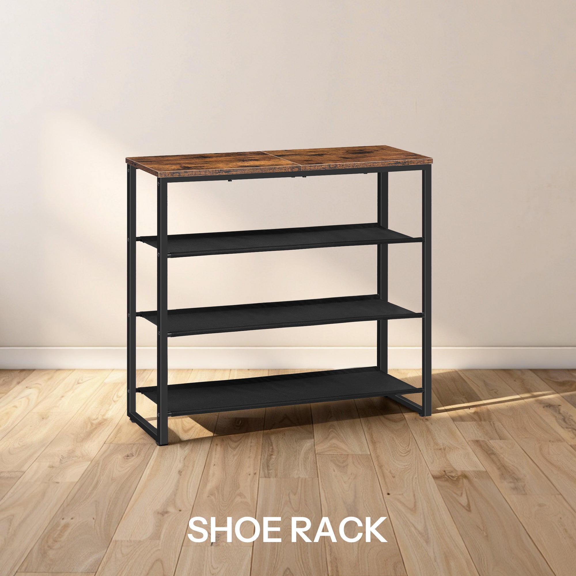 Slim greige 3-tier entryway shoe rack organizing sneakers and heels next to a front door
