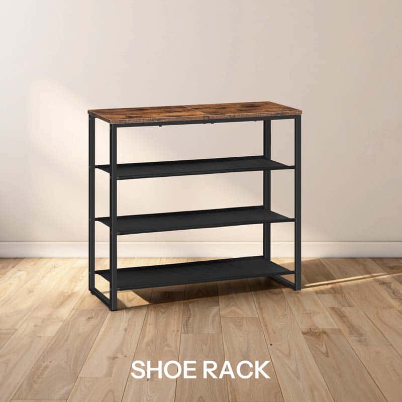 Slim greige 3-tier entryway shoe rack organizing sneakers and heels next to a front door