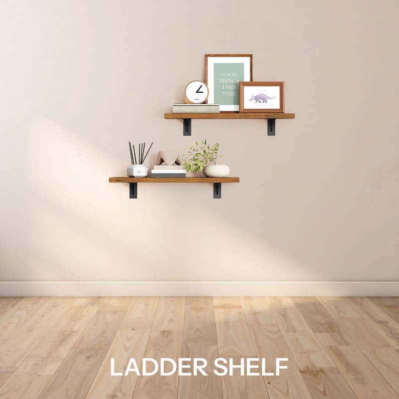 Set of 2 HOOBRO wall-mounted rustic brown wooden ladder shelves with black metal brackets displaying decor pieces