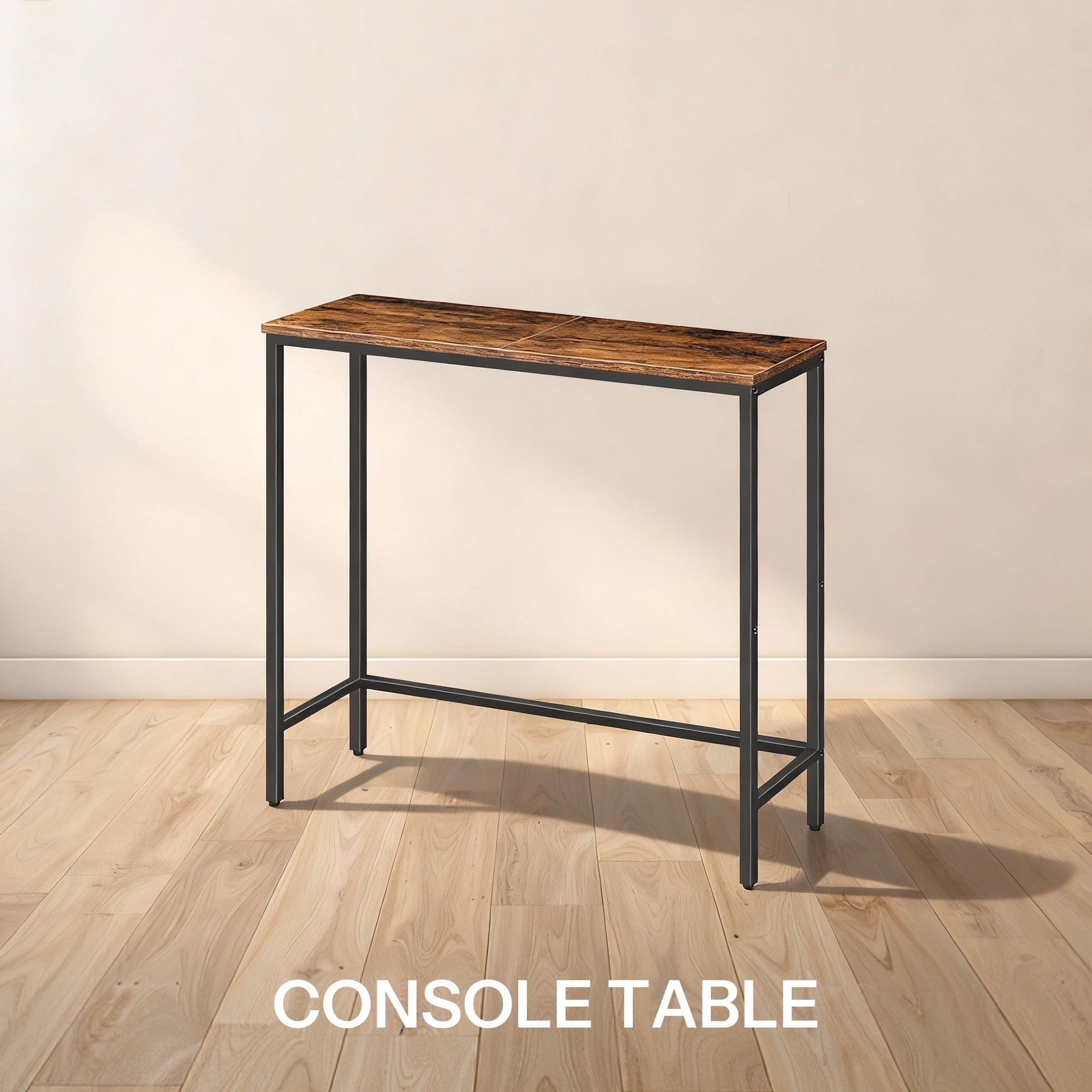 Industrial style console table with rustic brown wood top and black metal storage frame by HOOBRO