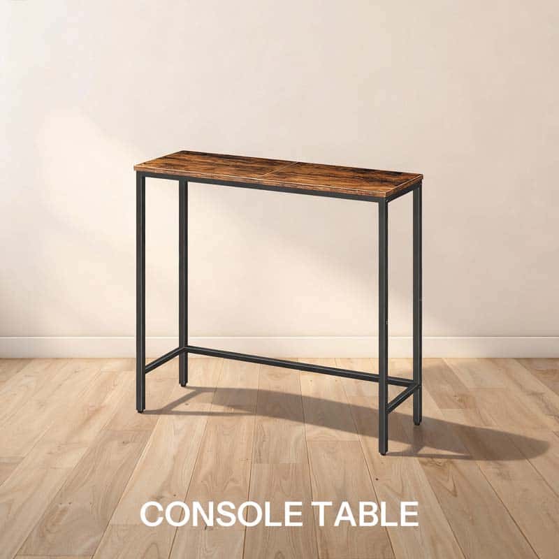 Industrial style console table with rustic brown wood top and black metal storage frame by HOOBRO