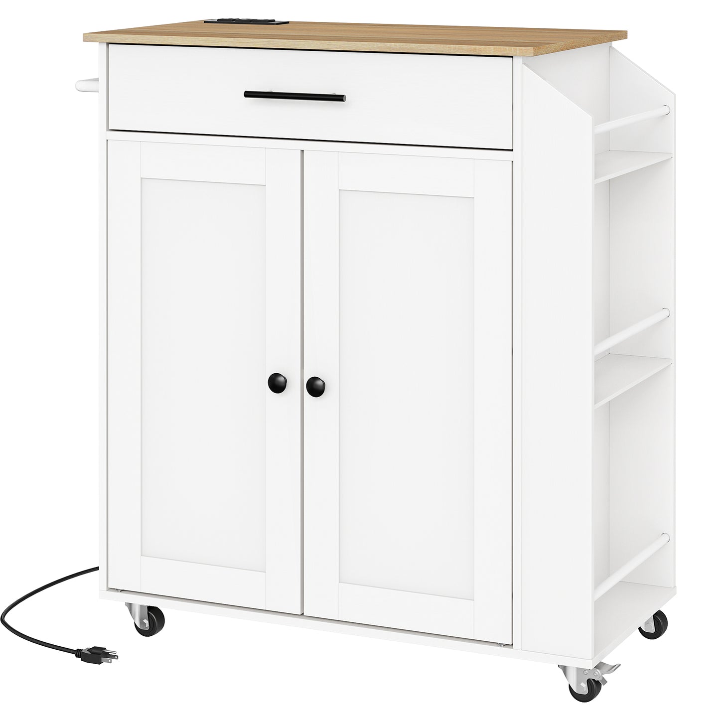 White kitchen cart with wooden top on a white background