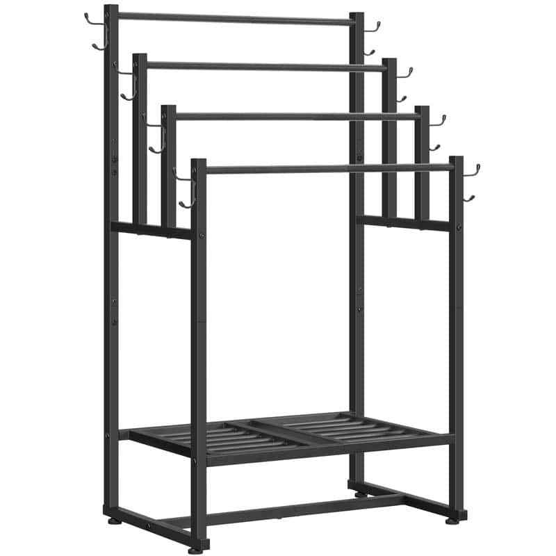 Black metal coat rack with multiple shelves and hooks on a white background