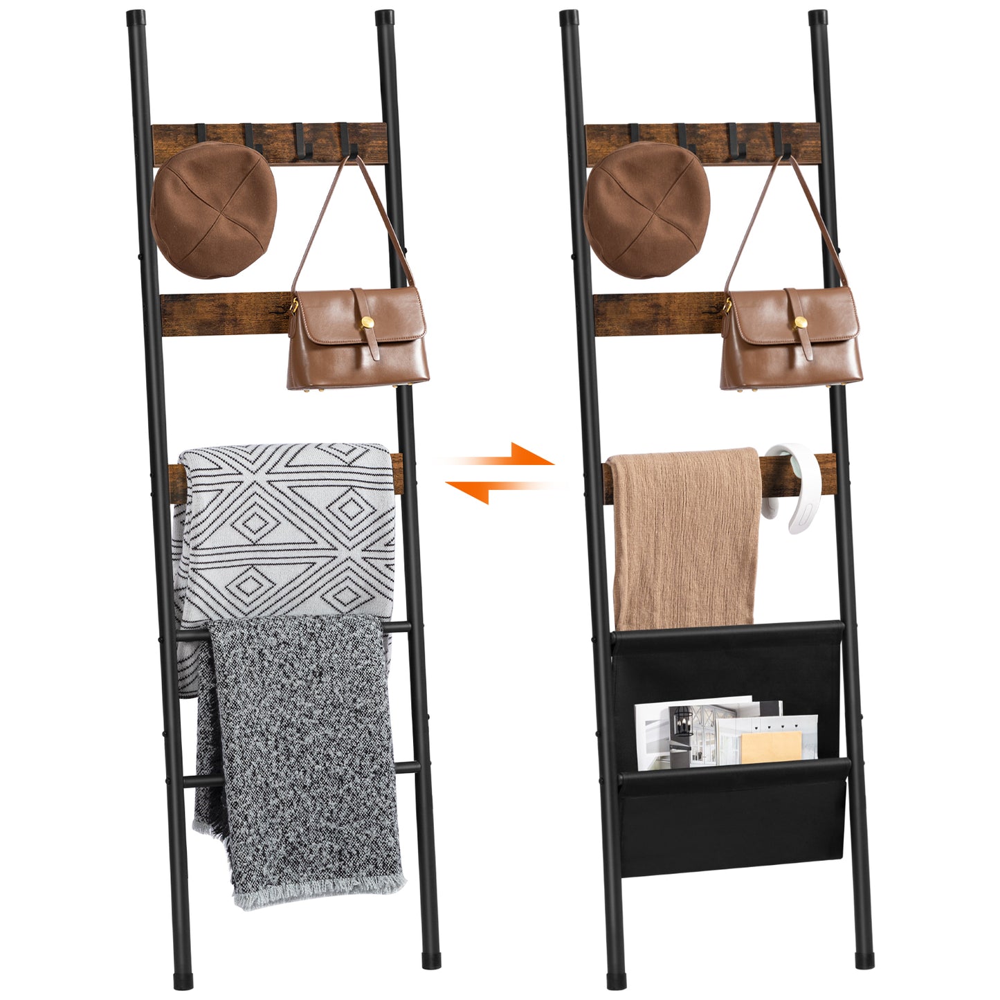 HOOBRO 5-Tier Wall-Mounted Towel Rack with 4 Hooks & Magazine Bag