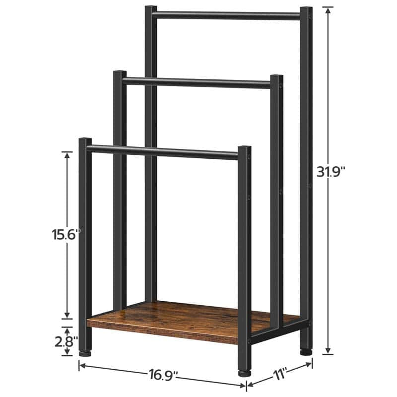 Black metal and wooden shelf with dimensions on a white background