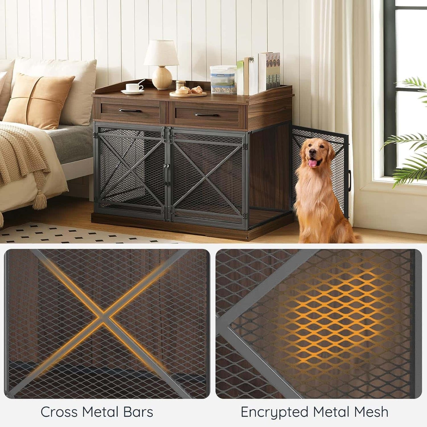 Dog crate with cross metal bars and encrypted metal mesh in a home setting.