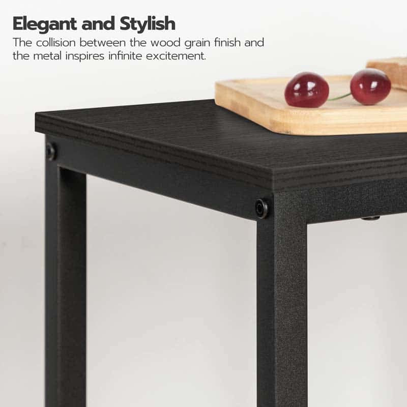 Black metal table with wood grain finish surface, featuring a wooden cutting board with cherries on a light gray background.