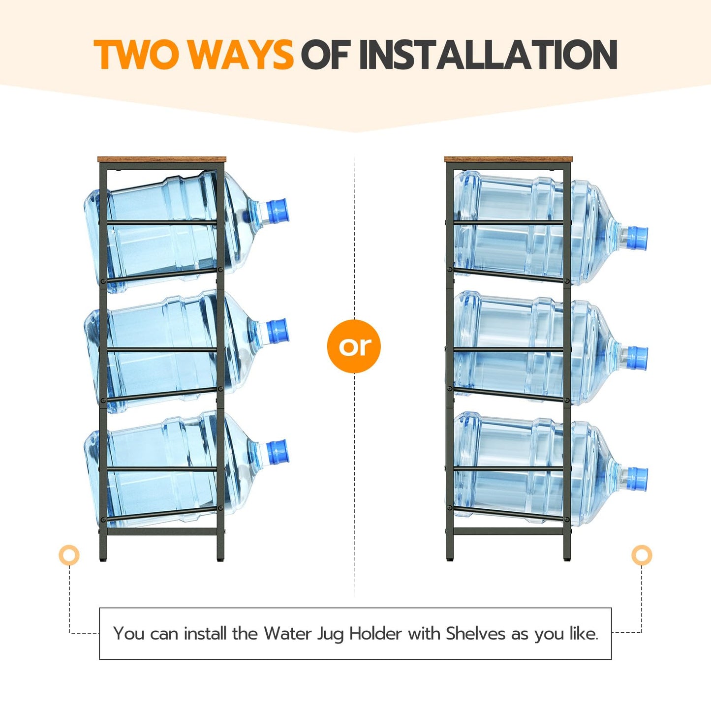 Water jug holder with shelves showing two installation methods on a beige background.
