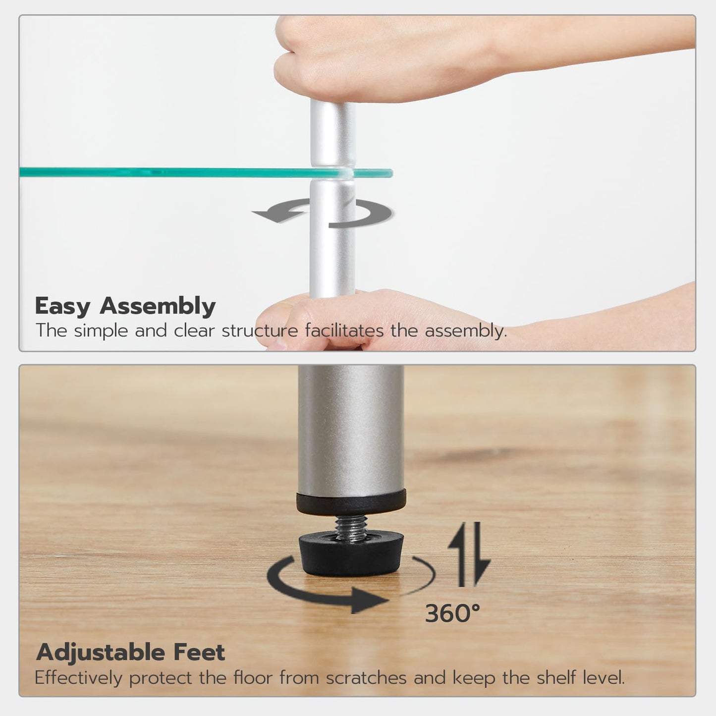 Assembly process of a furniture leg with text on easy assembly and adjustable feet.