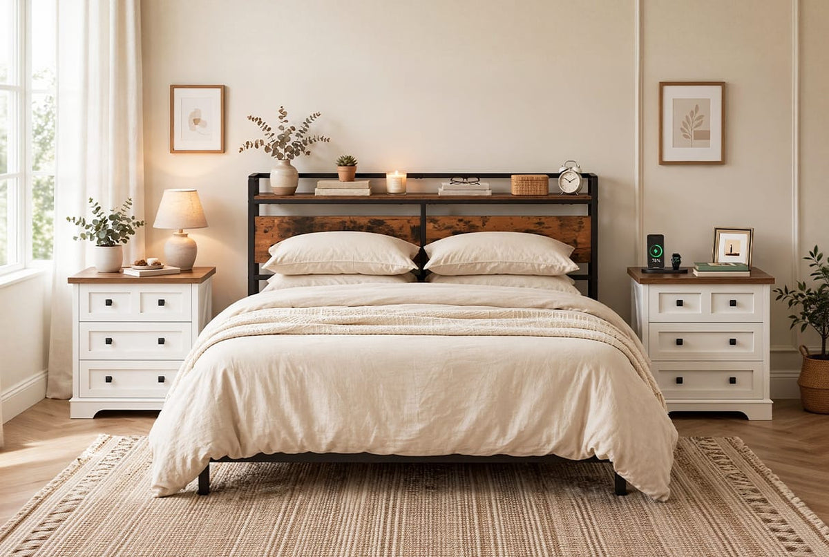 Bedroom scene with farmhouse bedside tables