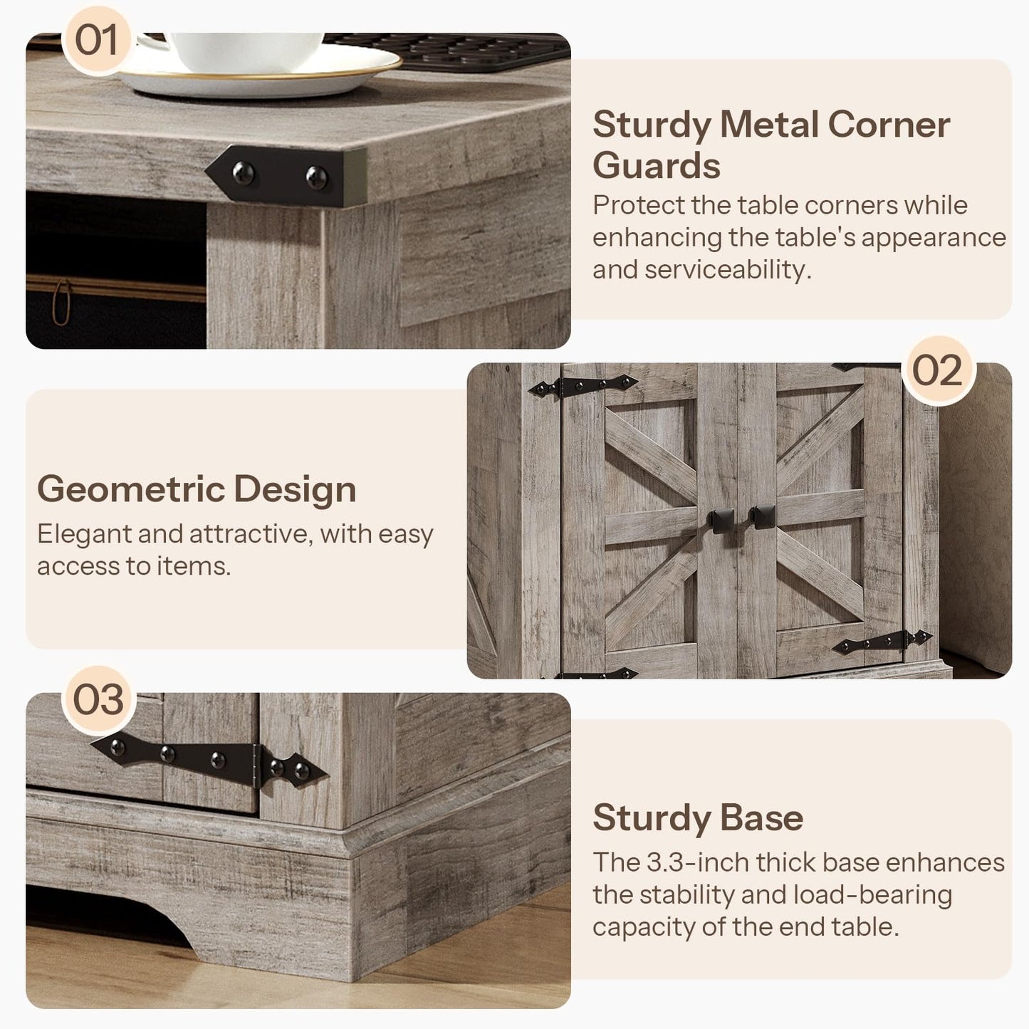 Wooden end table with metal corner guards, geometric design, and thick base on a beige background.