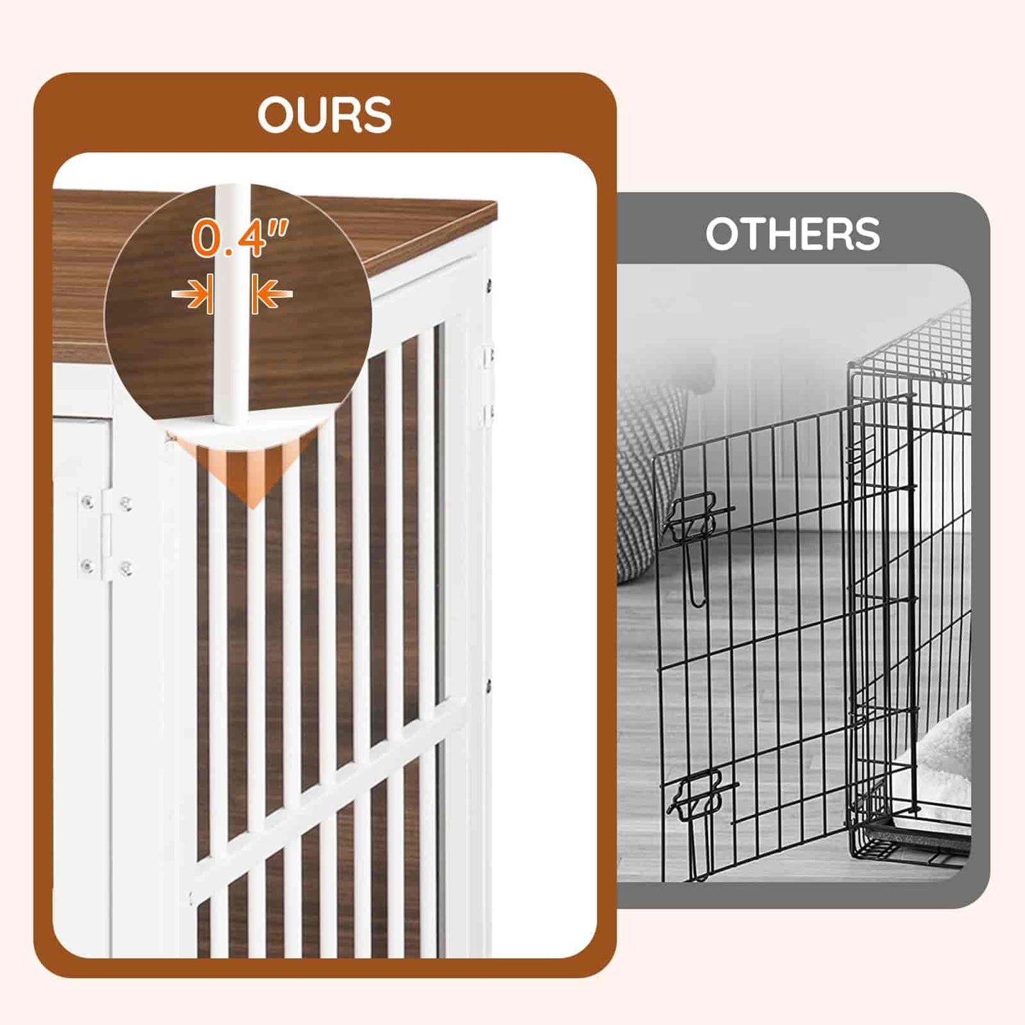 Comparison of a wooden shelf with a white background labeled 'OURS' to a wire cage labeled 'OTHERS'.