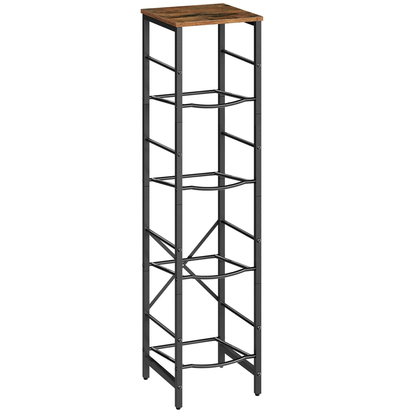 Empty 4-tier metal water cooler rack frame with a brown rustic wooden top shelf.