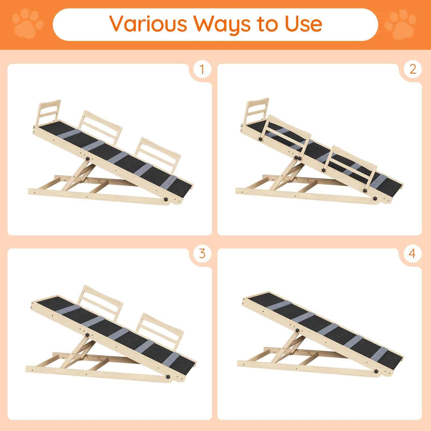 Dog ramp shown in four different configurations with text indicating various ways to use it.
