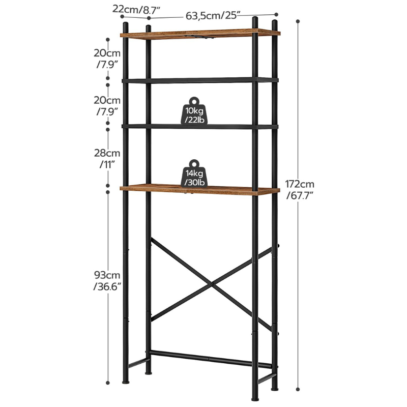 HOOBRO Retro Brown Four-Tier Toilet Above-Room Bathroom Storage Rack with Adjustable Legs