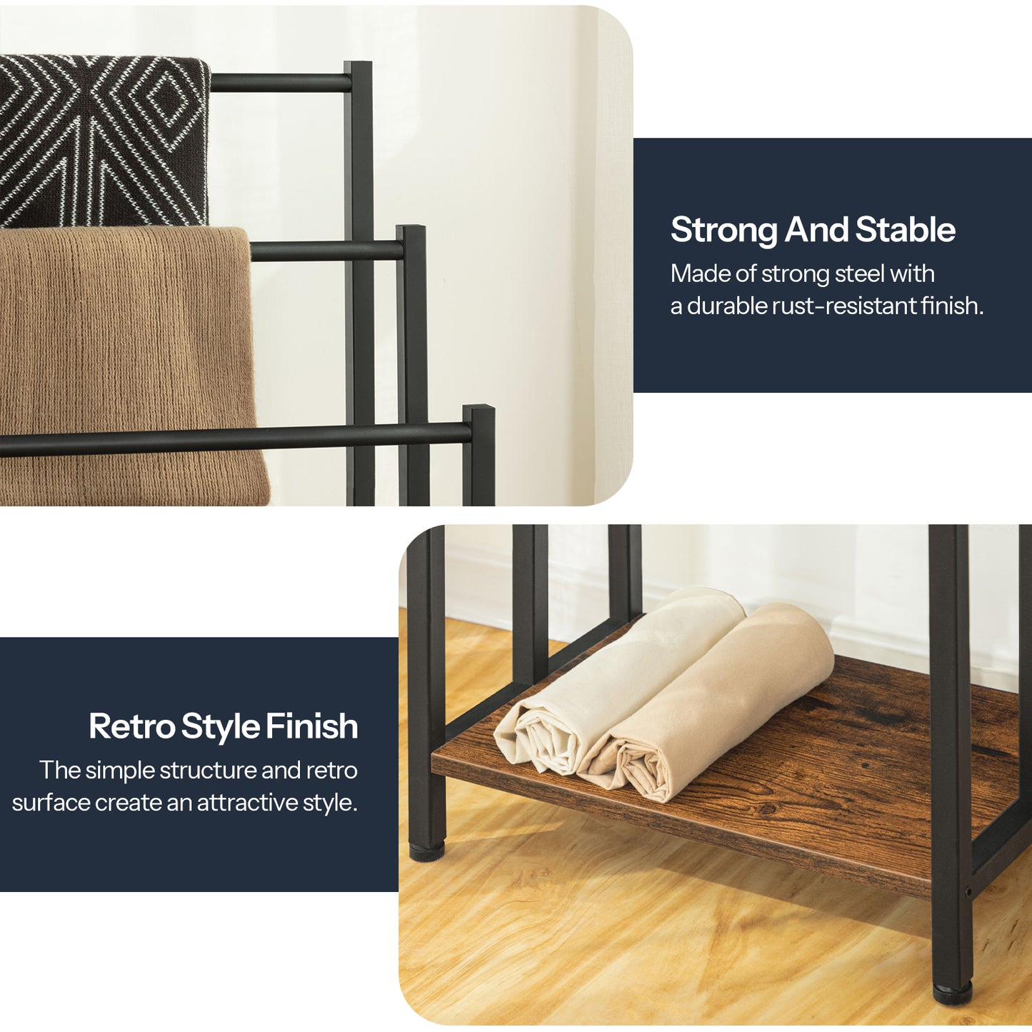 Metal shelf with retro style finish and text highlighting strength and stability.