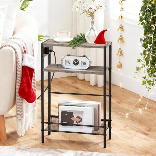 HOOBRO Greige Mini Narrow Side Table with Charging Station & USB Port