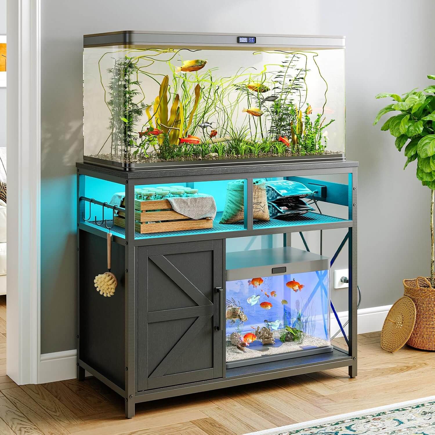 55 gallon fish tank with stand and accessories Cabinet, Aquarium Stand with Open Shelf, Wooden Fish Tank Accessories, Heavy Duty Metal Fish Tank Stand Suitable for Turtle Tank,850LBS Capacity Black Wood Grain Finish Enhanced Storage Solutions Quiet and durable drawers and cabinets with cushioned hinges provide ample storage HOOBRO Fish Tank Stand with