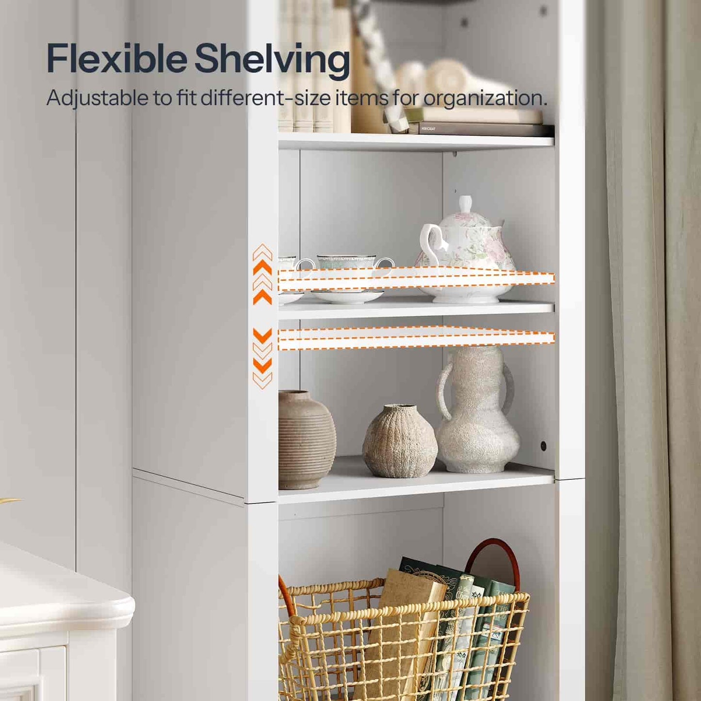 White shelving unit with adjustable shelves displaying decorative items.
