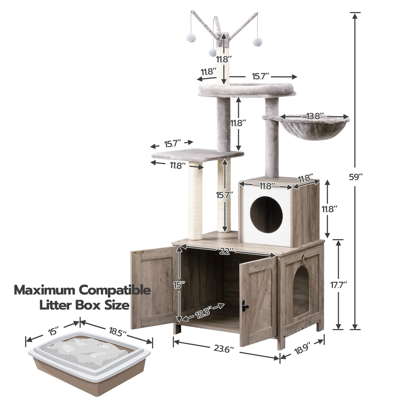 HOOBRO Greige Wooden Concealed Cat Tree Tower with Litter Box Enclosure & Scratching Post