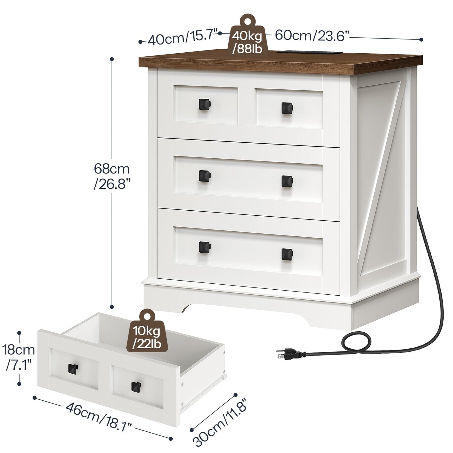HOOBRO White 23.6-inch Wide Farmhouse Style Bedside Table with 3 Drawers & Charging Station