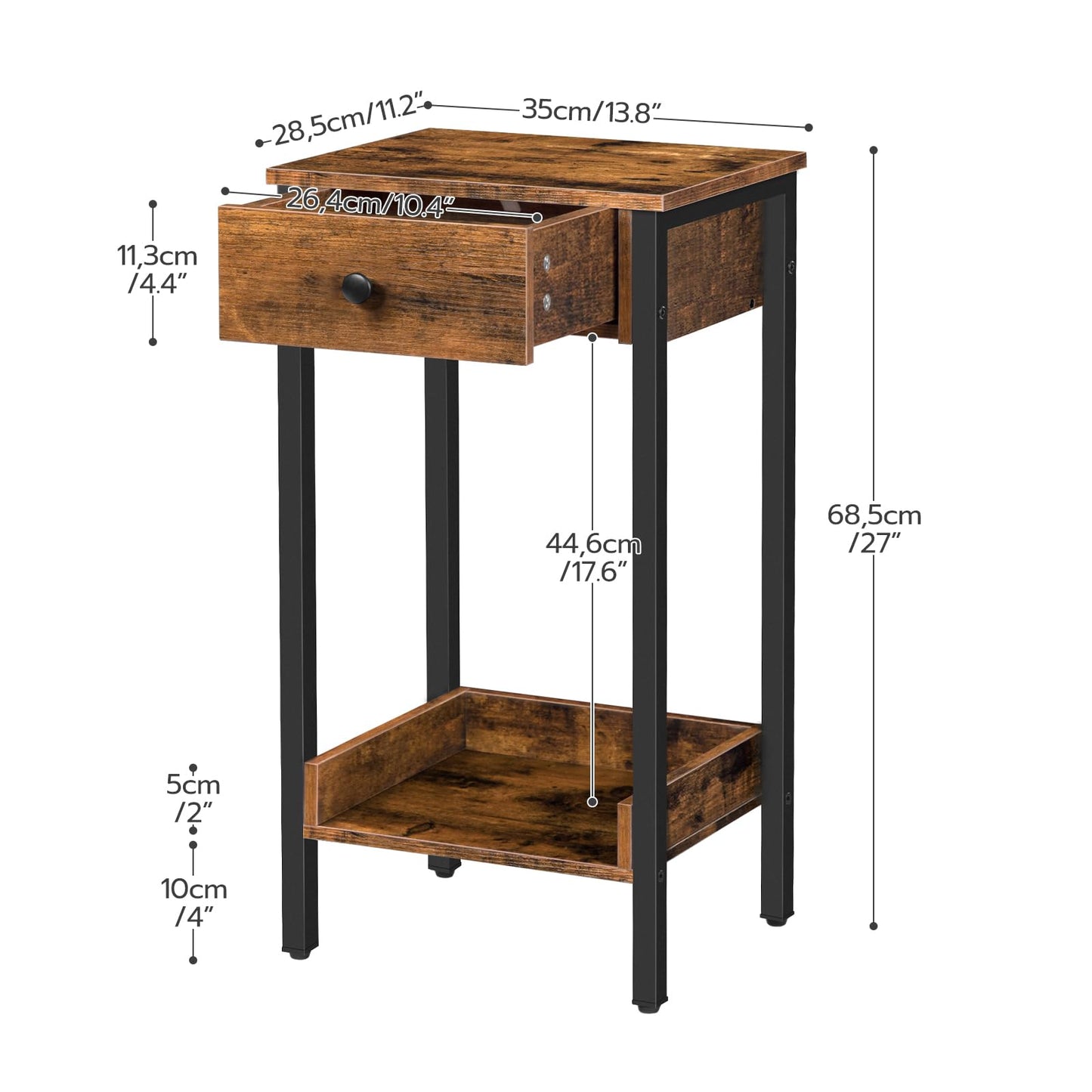 HOOBRO Retro Brown Industrial Style High Side Table with Drawers & Storage Shelves