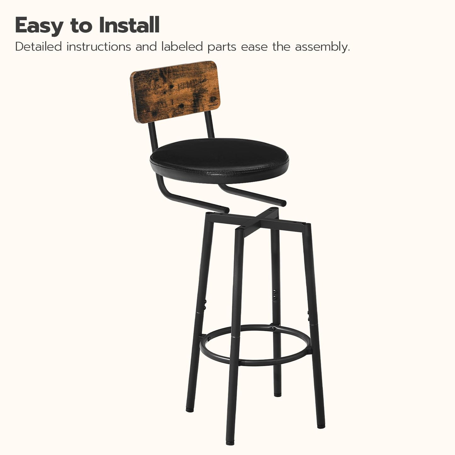HOOBRO PU Leather Bar Stool with Footrest & Back / 2PICS
