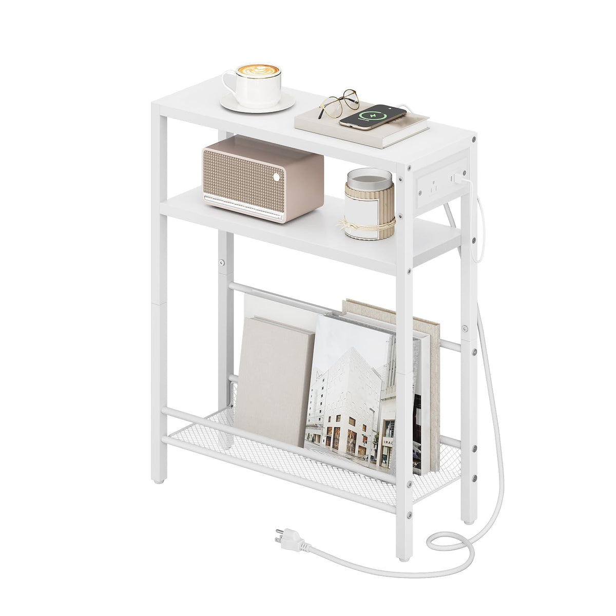 HOOBRO Small Narrow Side Table with Charging Station, Skinny End Table for Small Spaces, Slim Nightstand with USB Ports Outlet, Sofa Beside Table with Storage Shelf, White WT102UBZ01