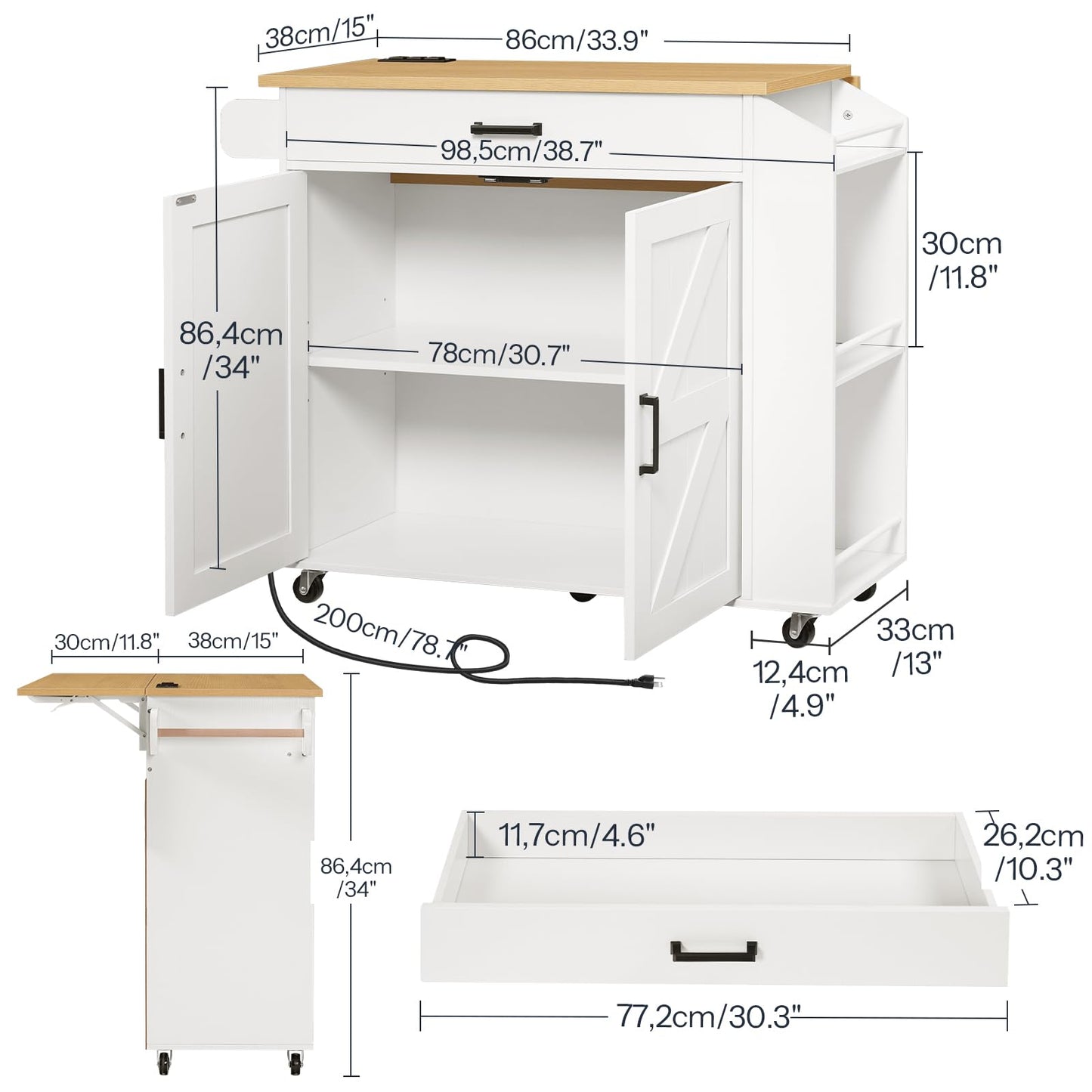 HOOBRO White Movable Kitchen Island with Folding Countertop & Power Outlet & Drawers & Spice Rack