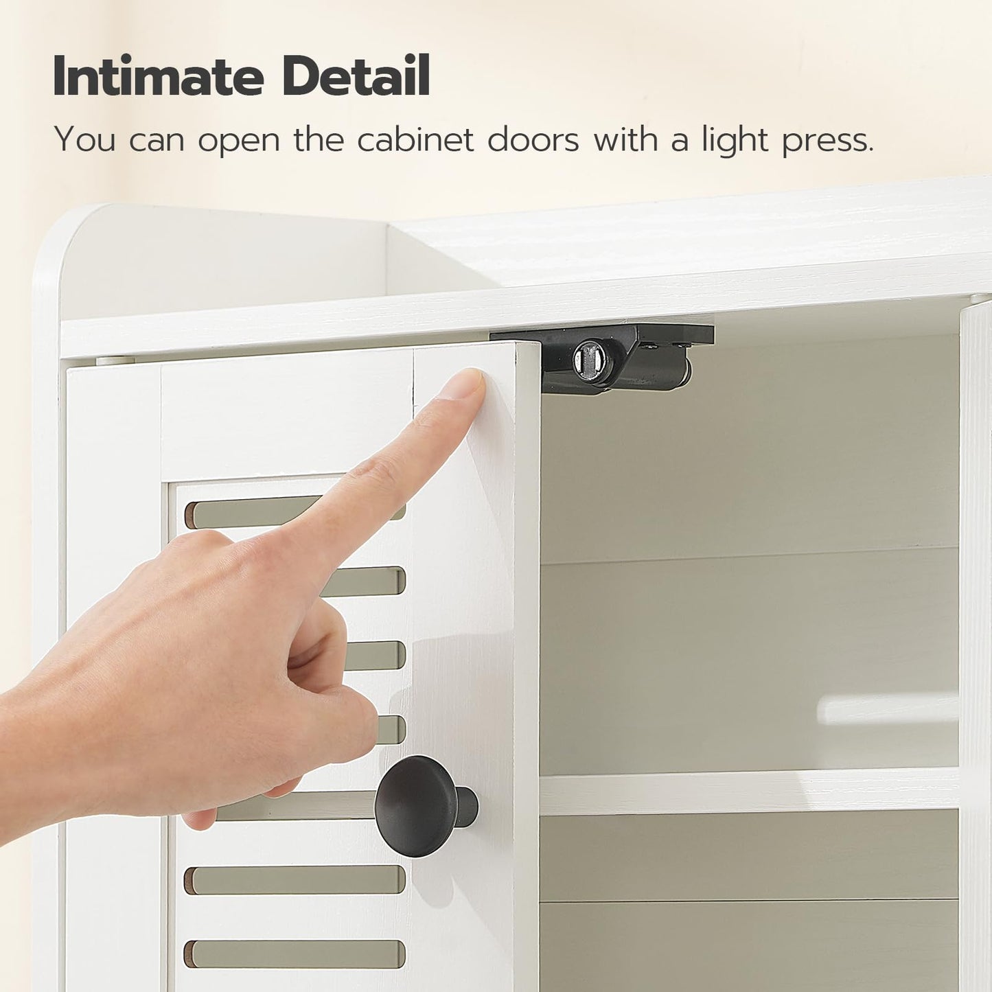 Hand opening a cabinet door with a light press, emphasizing ease of use.