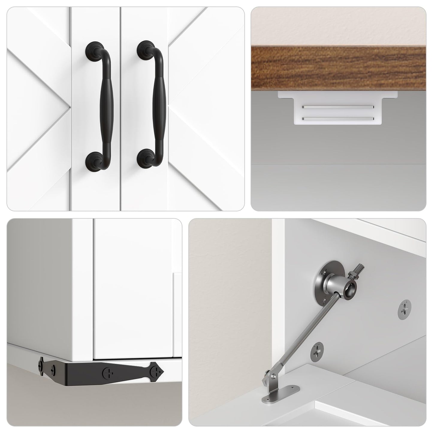 Collage of cabinet hardware including handles, hinges, and a latch on a white background.