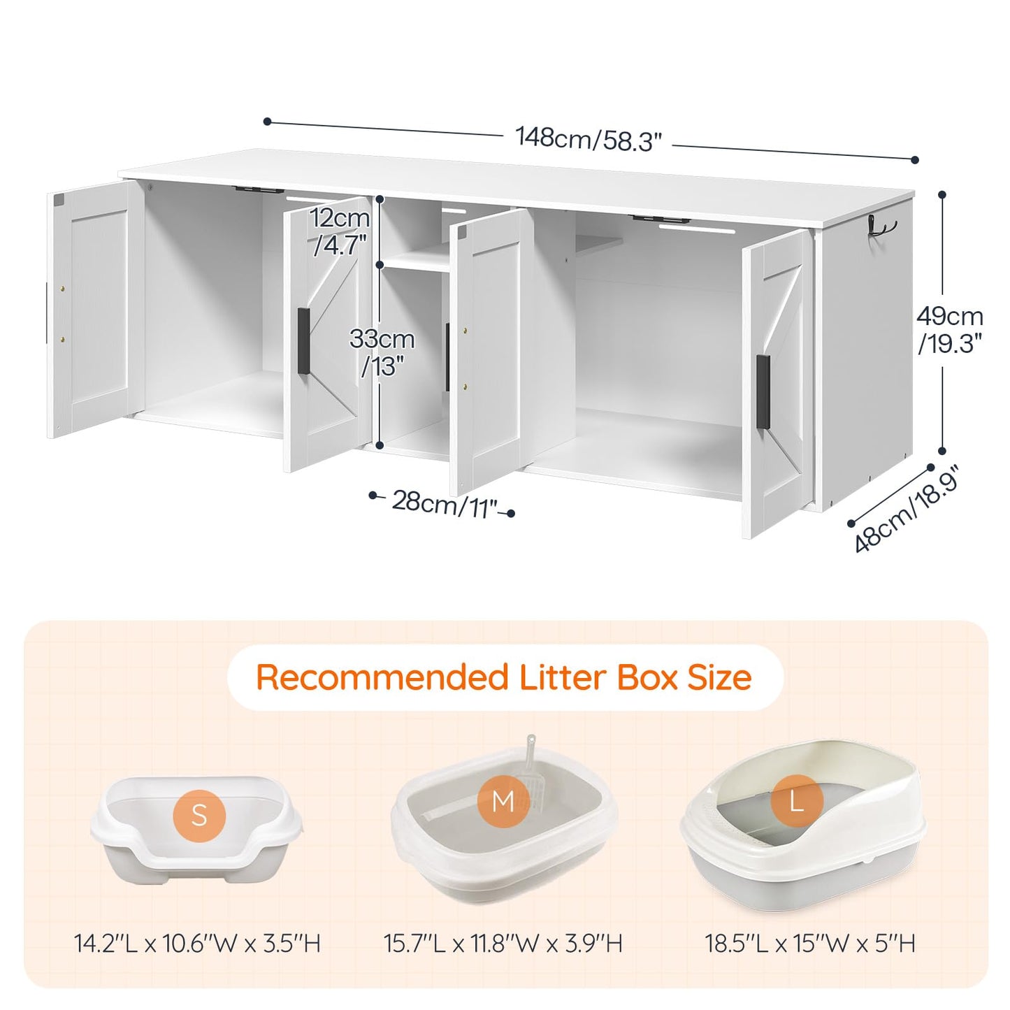HOOBRO White Wooden Concealed Double-Layer Litter Box Cabinet with Aisle & Storage Shelves & Hooks
