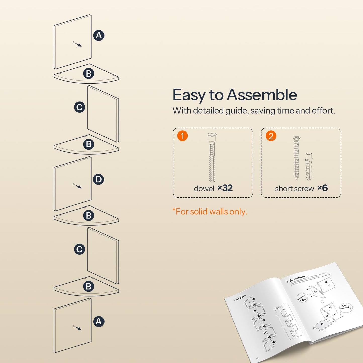 Assembly guide with parts labeled A, B, C, D and a detailed guide on a beige background.