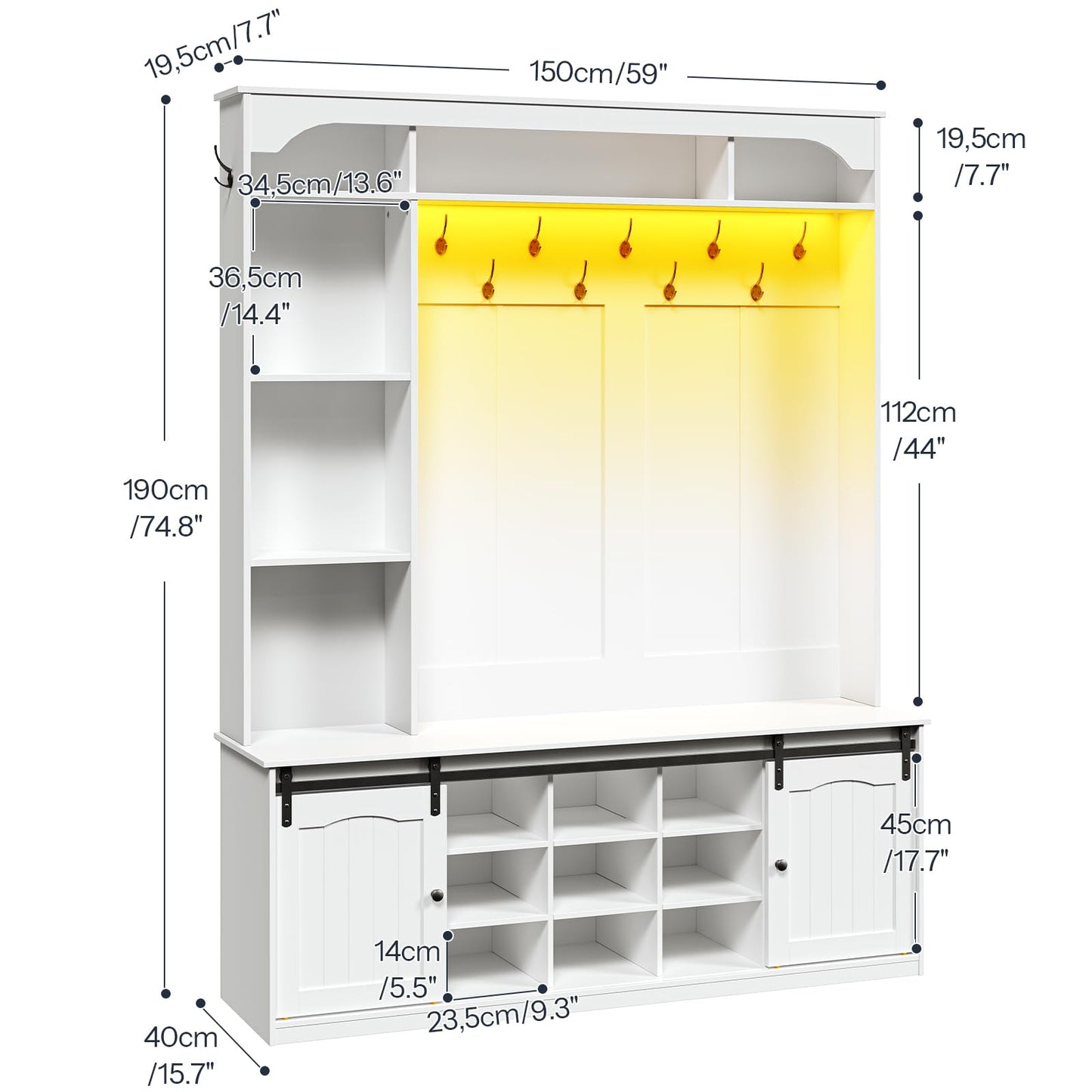 HOOBRO White 59-inch Wooden LED Farmhouse Style Hallway Coat Rack with Bench & Coat Rack & Shoe Cabinet