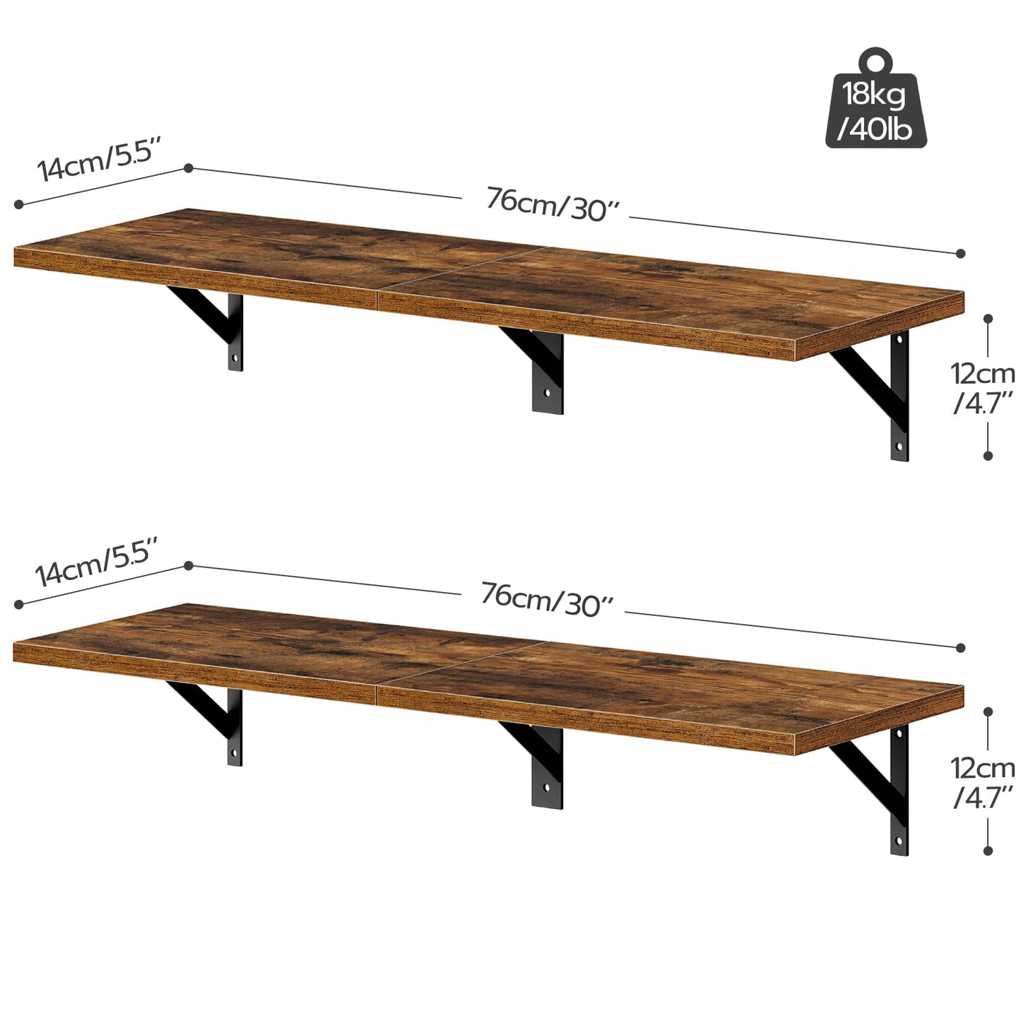 HOOBRO 30-inch Retro Brown Metal Frame Wall-Mounted Shelf /2PICS